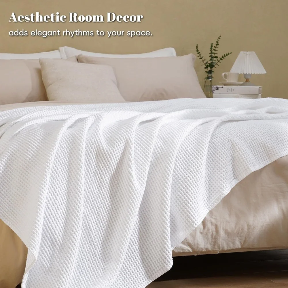PHF Waffle Weave Blanket King White 100% Natural Washed Cotton Cozy Cottage New